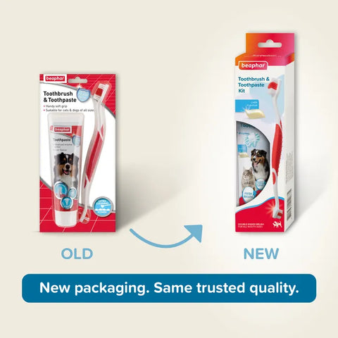 Before and after packaging of BEAPHAR Dental Care Kit for Cats and Dogs - Pets Villa. 