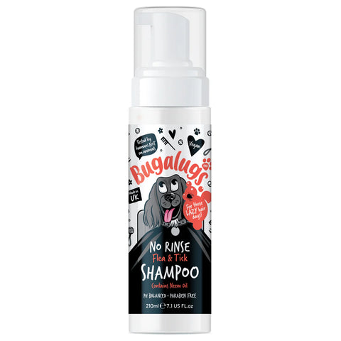 Front image of BUGALUGS Dog No Rinse Flea and Tick Shampoo with Neem Oil 210ml - Pets Villa. 