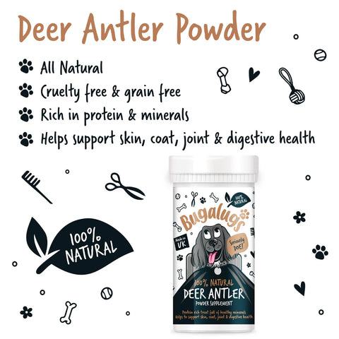 Image of the key points of BUGALUGS Natural Deer Antler Powder Supplement 70g - Pets Villa. 