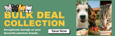 Bulk Deal Collection banner for premium dog and cat food featuring various top brands with multi-buy savings. - Pets Villa