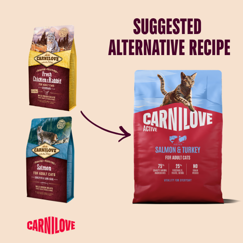 Old to new packaging image of CARNILOVE Active Cat Salmon and Turkey - Pets Villa. 
