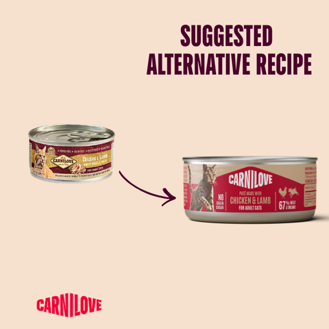 Old to new packaging image of CARNILOVE Cat Chicken and Lamb Pate - Pets Villa. 