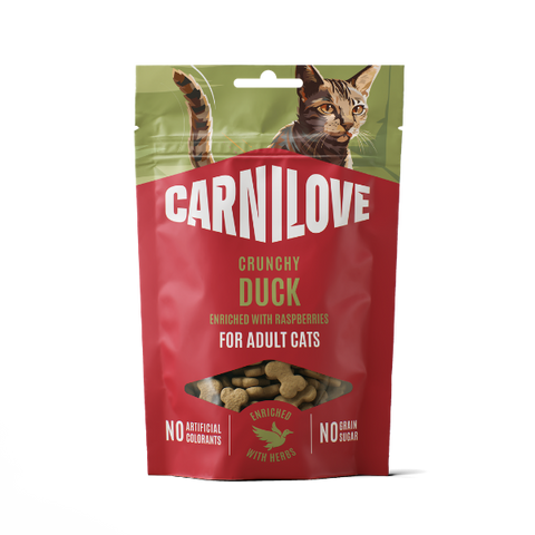 Front image of CARNILOVE Cat Crunchy Duck Enriched with Raspberries Treats 50g - Pets Villa. 
