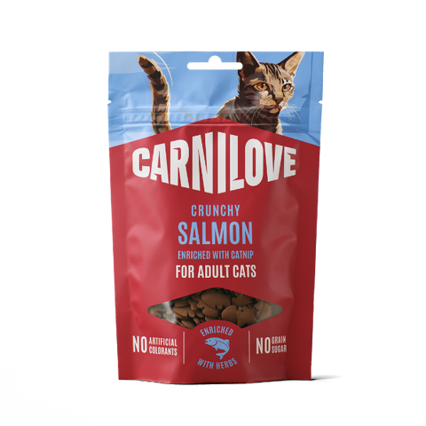 Front image of CARNILOVE Cat Crunchy Salmon Enriched with Catnip Treats 50g - Pets Villa. 