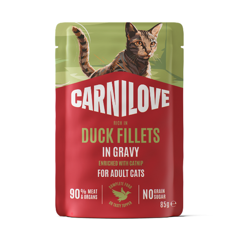 Front image of CARNILOVE Cat Duck Fillets Enriched with Catnip in Gravy - Pets Villa. 