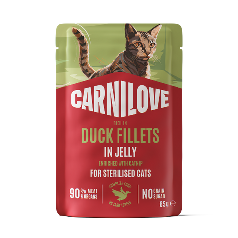 Front image of CARNILOVE Cat Duck Fillets Enriched with Catnip in Jelly for Sterilised Cats - Pets Villa. 