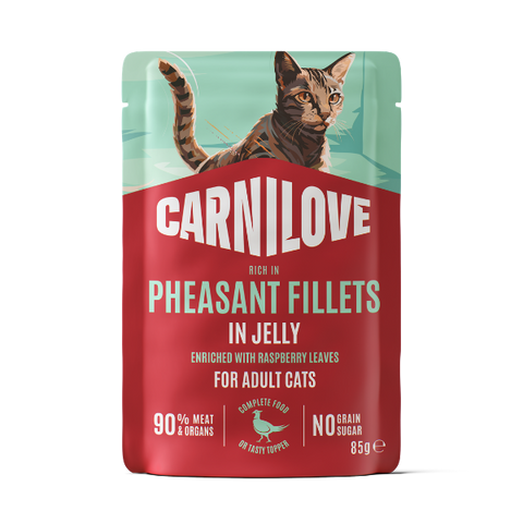 Front image of CARNILOVE Cat Pheasant Fillets Enriched with Raspberry Leaves in Jelly for Adult Cats - Pets Villa.