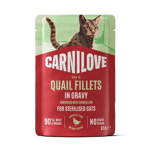 Front image of CARNILOVE Cat Quail Fillets Enriched with Dandelion in Gravy - Pets Villa. 