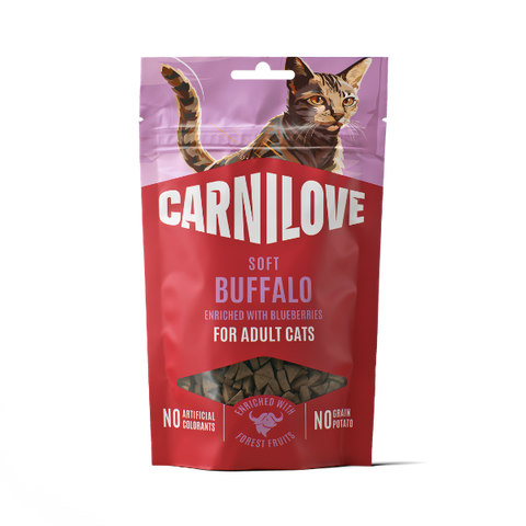 Front image of CARNILOVE Cat Soft Buffalo Enriched with Blueberries Treats 50g - Pets Villa. 