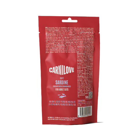 Back image of CARNILOVE Cat Soft Sardine Enriched with Strawberries Treats 50g  - Pets Villa. 