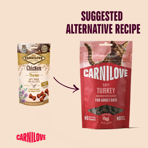 New packaging image of CARNILOVE Cat Soft Turkey Enriched with Catnip Treats 50g - Pets Villa. 