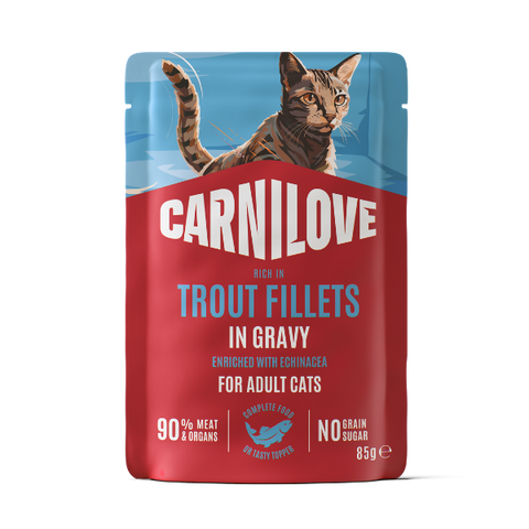 Front image of CARNILOVE Cat Trout Fillets Enriched with Echinacea in Gravy - Pets Villa. 