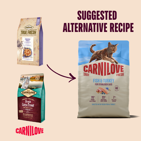 Old to New packaging image of CARNILOVE Cat True FreshFish and Turkey for Sterilised Cats - Pets Villa. 