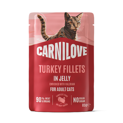 Front image of CARNILOVE Cat Turkey Fillets Enriched with Valerian in Jelly for Adult Cats - Pets Villa. 