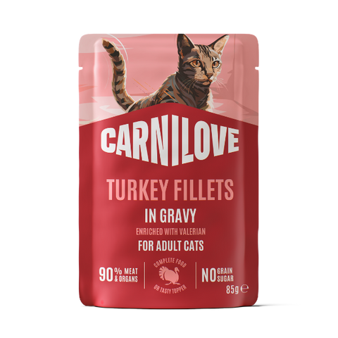 Front image of CARNILOVE Cat Turkey Fillets in Gravy Enriched with Valerian - Pets Villa. 