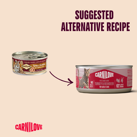 Old to new packaging of CARNILOVE Cat Turkey and Reindeer Pate - Pets Villa. 