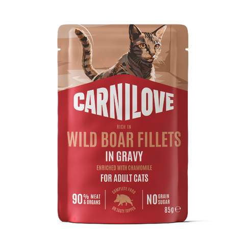Front image of CARNILOVE Cat Wild Boar Fillets Enriched with Chamomile in Gravy - Pets Villa. 
