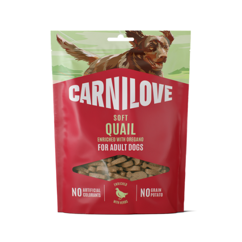 Front image of CARNILOVE Dog Soft Quail Enriched with Oregano 200g - Pets Villa. 