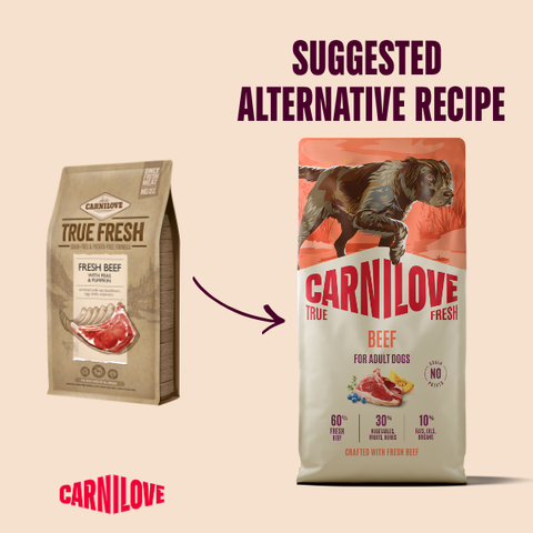 Old to new image of CARNILOVE Dog True Fresh Beef - Pets Villa. 