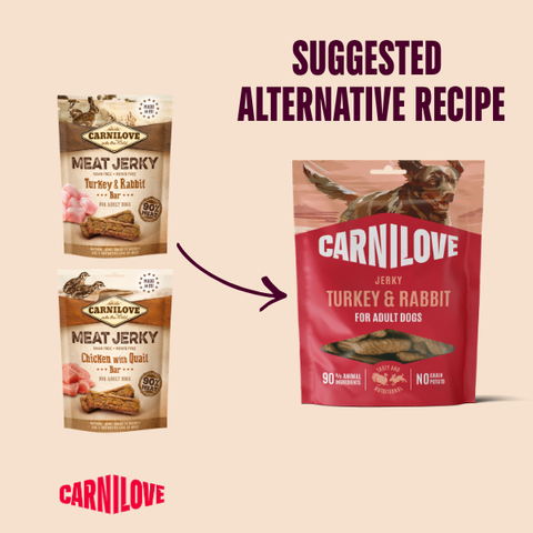Old to new packaging image of CARNILOVE Dog Turkey and Rabbit Jerky 100g - Pets Villa. 
