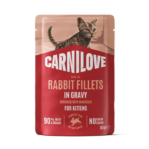 Front image of CARNILOVE Kitten Rabbit Fillets in Gravy Enriched with Marigold - Pets Villa. 