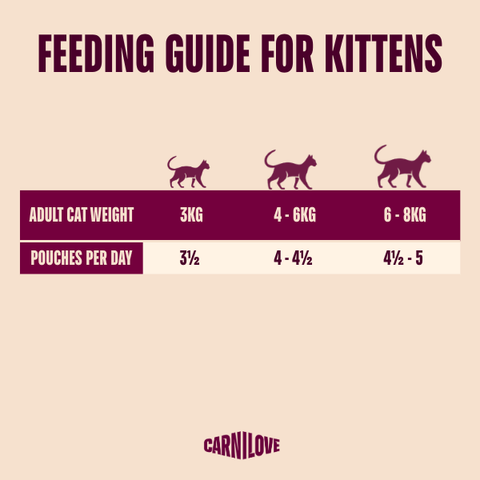 Feeding Guide image pf CARNILOVE Kitten Rabbit Fillets in Gravy Enriched with Marigold - Pets Villa. 