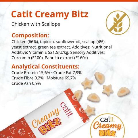 Composition image of CATIT Creamy Bitz Chicken with Scallops 4x12g - Pets Villa. 