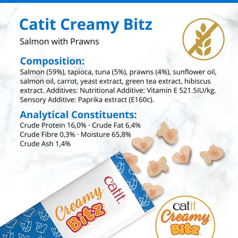Composition image of CATIT Creamy Bitz Salmon with Prawns 4x12g - Pets Villa. 