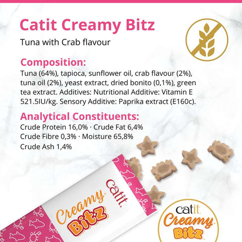 Composition image of CATIT Creamy Bitz Tuna with Crab 4x12g  - Pets Villa. 
