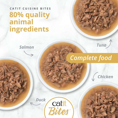 Image of CATIT Cuisine Bites Selection Variety Pack 12x75g in bowls - Pets Villa. 