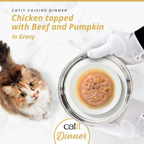 Image of CATIT Cuisine Dinner Chicken topped with Beef and Pumpkin on a plate - Pets Villa. 