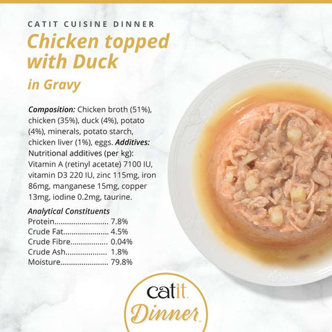 Image of the composition of CATIT Cuisine Dinner Chicken topped with Duck  - Pets Villa. 