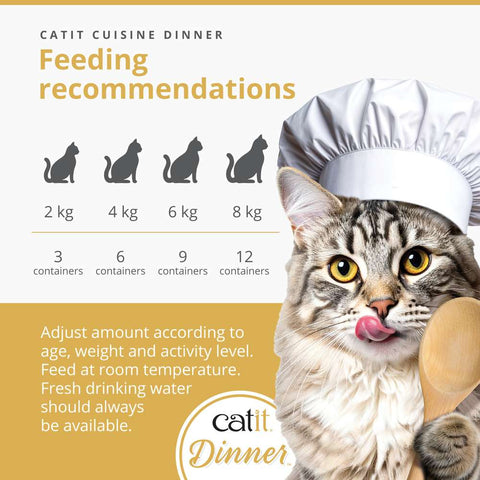 Image of the feeding recommendations of CATIT Cuisine Dinner Fish Terrine topped with Salmon - Pets Villa. 