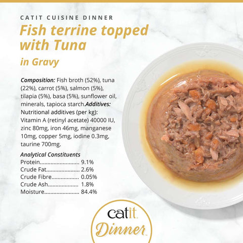 Image of the composition of CATIT Cuisine Dinner Fish Terrine topped with Tuna - Pets Villa. 