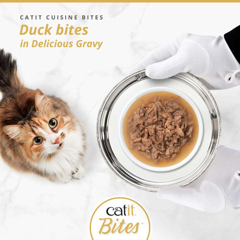 Image of CATIT Cuisine Duck Bites in Delicious Gravy on a plate - Pets Villa.