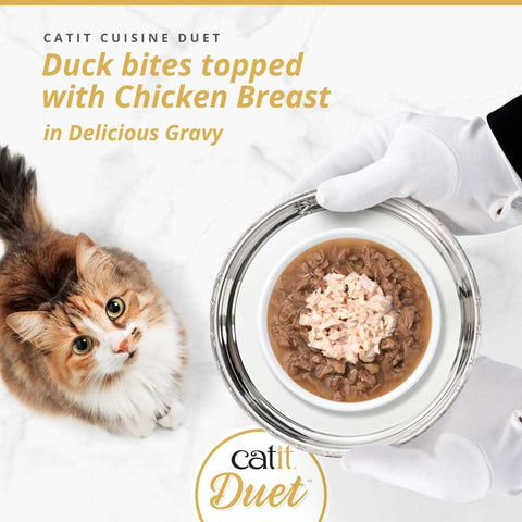 Image of CATIT Cuisine Duet Duck Bites topped with Chicken Breast on a plate - Pets Villa. 