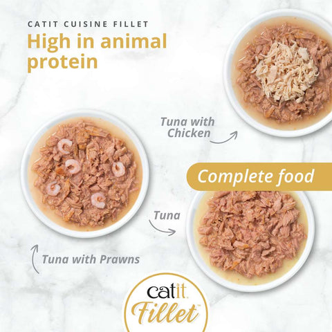 Image of CATIT Cuisine Fillet Tuna Selection Variety Pack 12x75g on plates - Pets Villa. 