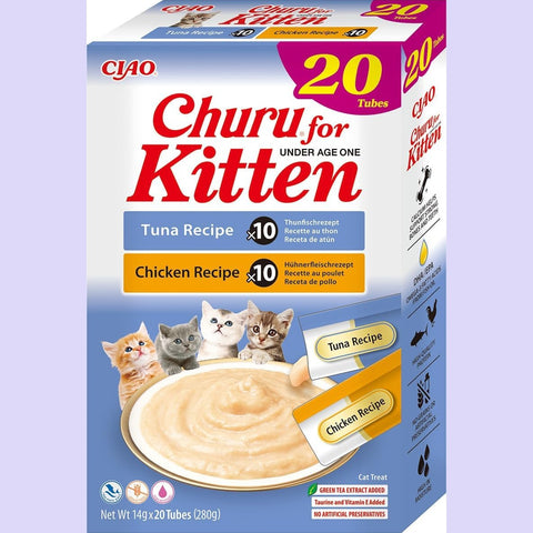 Front image of CHURU Kitten Treat Variety Box Tuna and Chicken Flavour 20x14g - Pets Villa. 