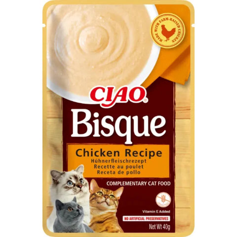 Front image of CIAO Bisque Chicken Recipe Complementary Cat Food - Pets Villa. 