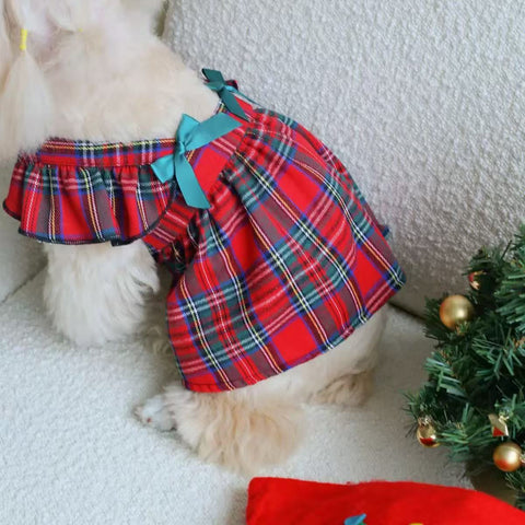 Close up image of Christmas Tartan Pet Dress  - Pets Villa. 