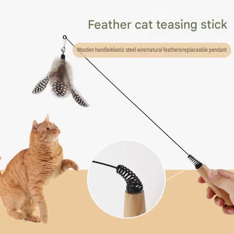Product image of Feather Cat Teaser with Wooden Handle - Pets Villa. 
