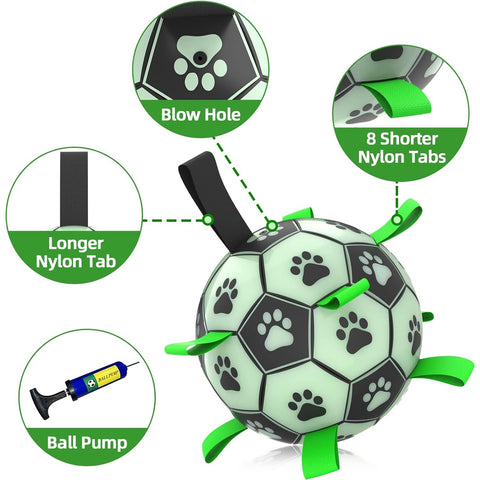 Image of the features of Glow in the Dark Dog Ball with Straps - Pets Villa. 