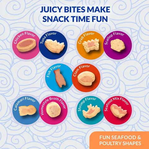 Image of the flavours of INABA Cat Shrimp and Seafood Juicy Bites 3 Packs - Pets Villa.