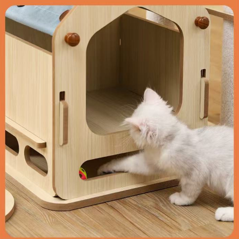 Close up image of a kitten playing with the ball on MARTINA Windmill Solid Wood Cat Tree - Pets Villa. 