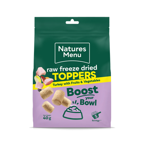 Front image of NATURES MENU Raw Freeze Dried Toppers Turkey and Vegetables 40g - Pets Villa. 