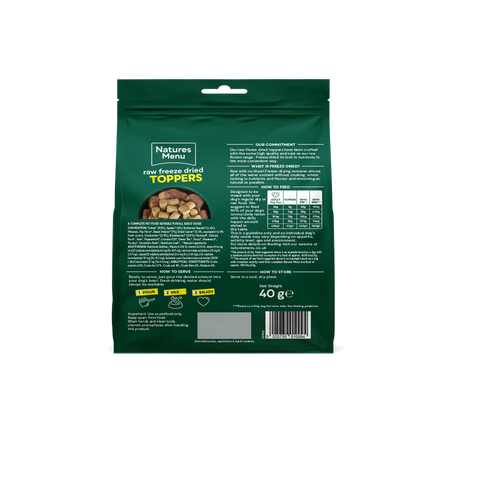 Back image of NATURES MENU Raw Freeze Dried Toppers Turkey and Vegetables 40g - Pets Villa. 