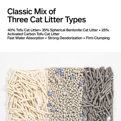 Mixture image of PIDAN 3-in-1 Blend Cat Litter 5.4kg (Tofu, Spherical Bentonite Clay, Activated Carbon Infused Tofu) - Pets Villa. 