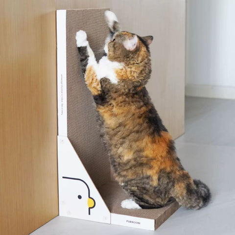 Image of a cat scratching PURROOM Little Chick L-Shape Cardboard Cat Scratcher  - Pets Villa. 