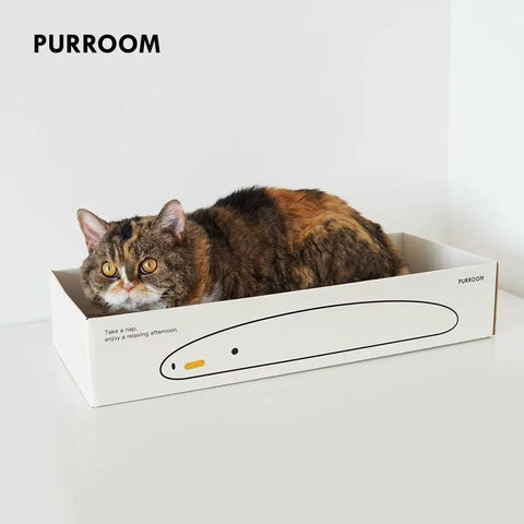 Front image of PURROOM Little Chick Long Cardboard Cat Scratcher Box - Pets Villa. 