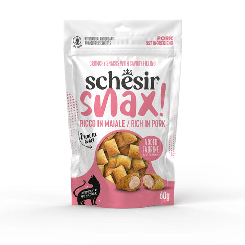 Front image of SCHESIR Cat Snax! Rich in Pork 60g - Pets Villa. 